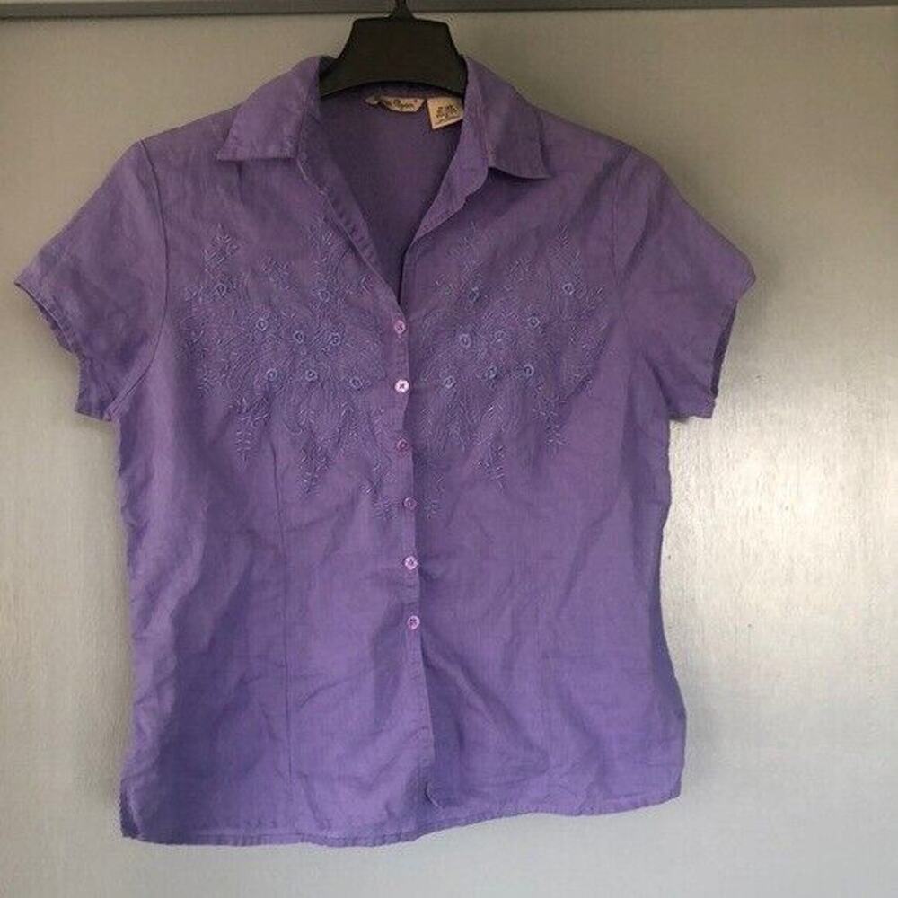 Quizz Again Linen Blend Vtg Y2K Button Front Floral Embroider Short Sleeve Top M